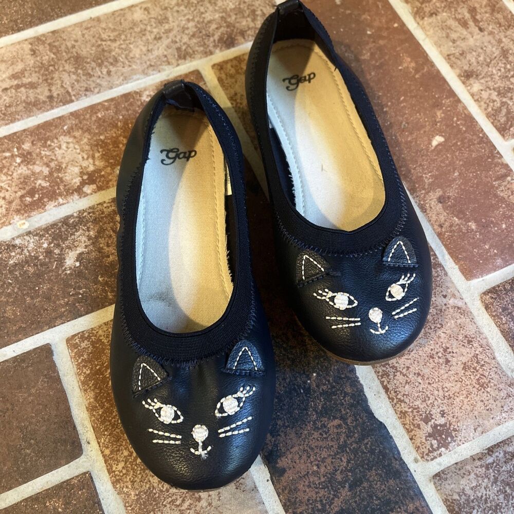 Gap Ballet Flats Girls Sz 13 Navy Blue Cat Face Embroidered Whimsical Preppy